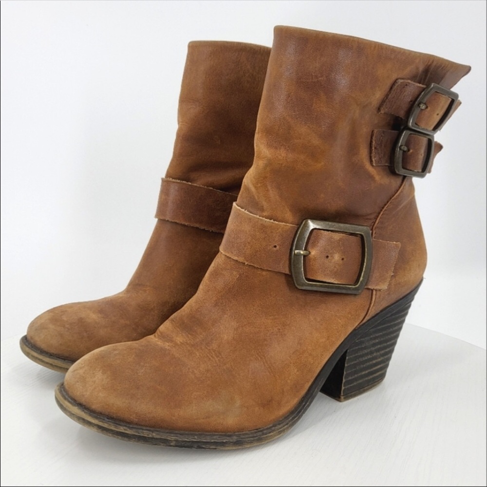 Lucky Brand Tommie Cognac Leather Harness Ankle Boots Stacked Block Heel 7.5 US